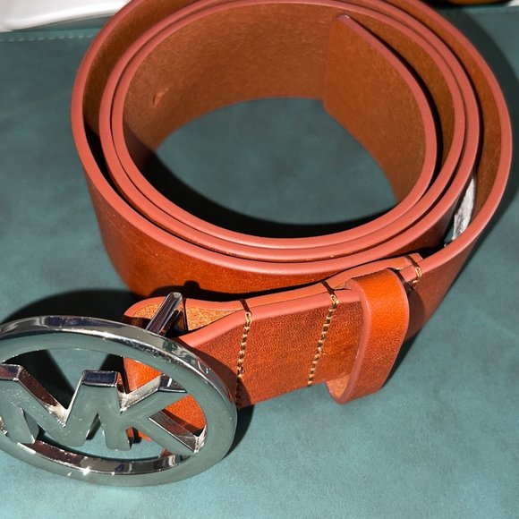 Michael Kors Genuine Leather Brown Belt with Silver MK Buckle - Picture 5 of 8